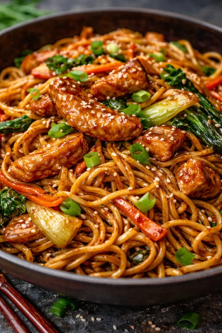 Würziges Teriyaki Hühnchen mit Nudeln auf einem Teller serviert