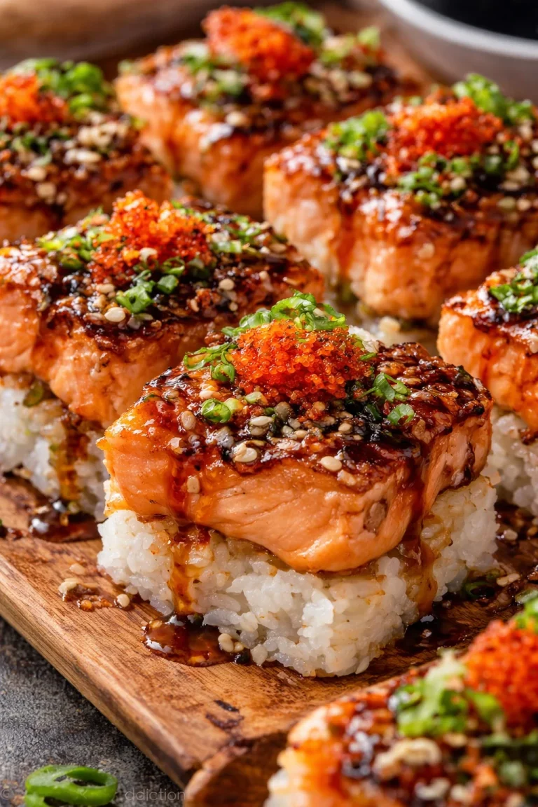 Würziger Lachs Sushi-Auflauf mit frischem Lachs und Sushi-Zutaten