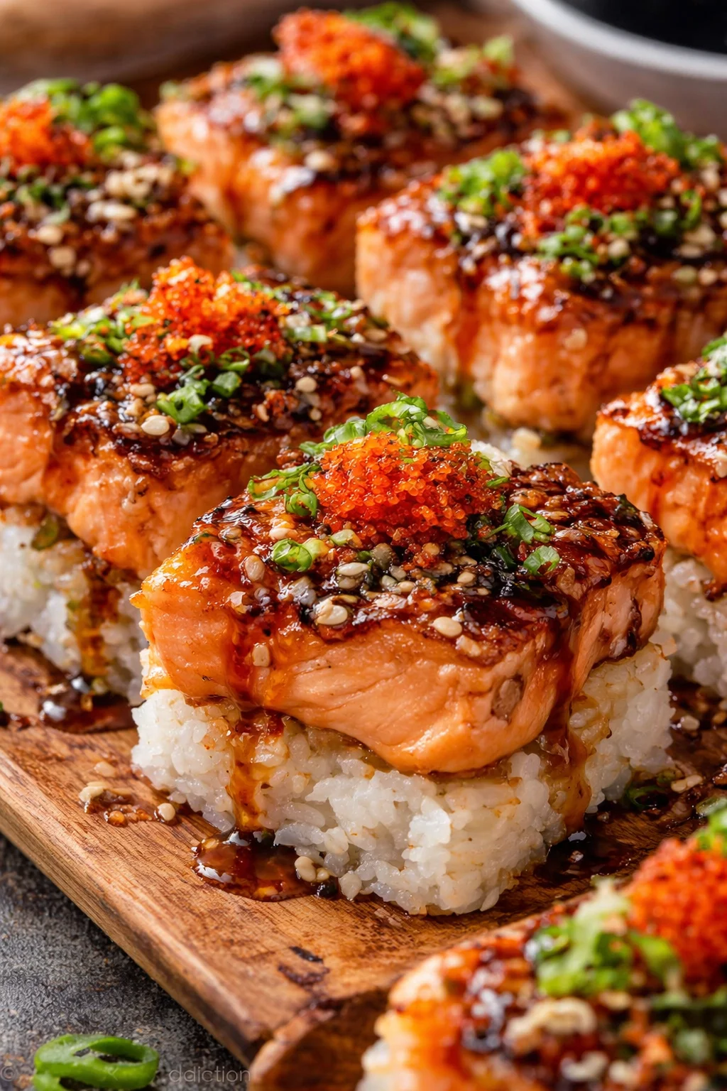 Würziger Lachs Sushi-Auflauf mit frischem Lachs und Sushi-Zutaten