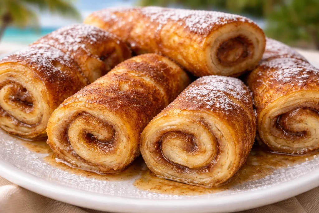 Zimtrollen-Frühstückstoast auf einem Teller mit frischen Beeren