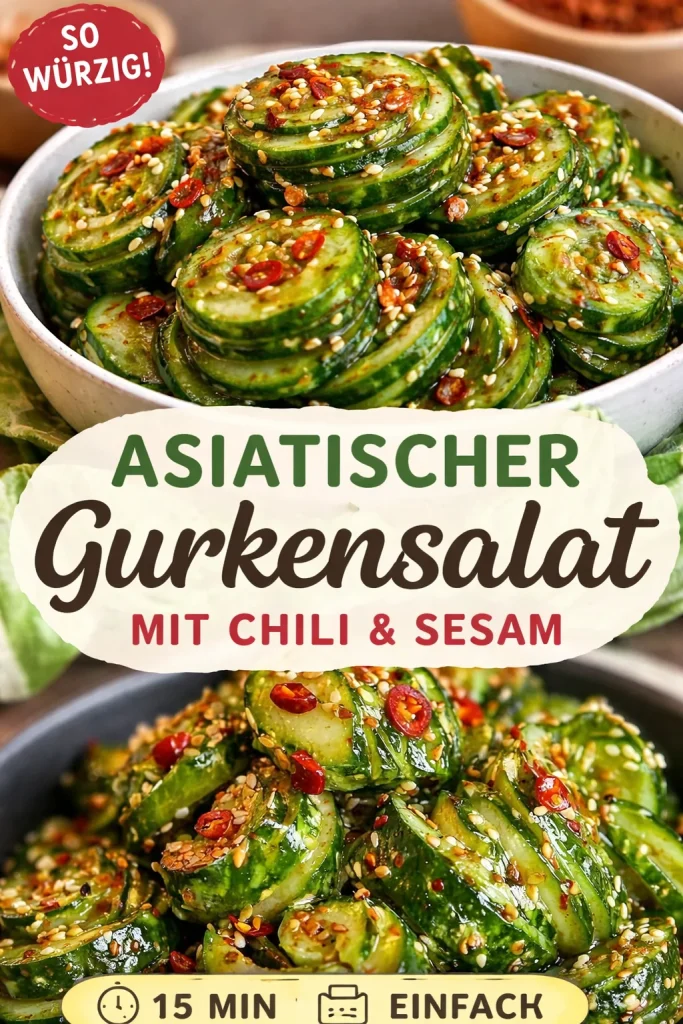 Asiatischer Gurkensalat mit Chili und Sesam auf einem weißen Teller