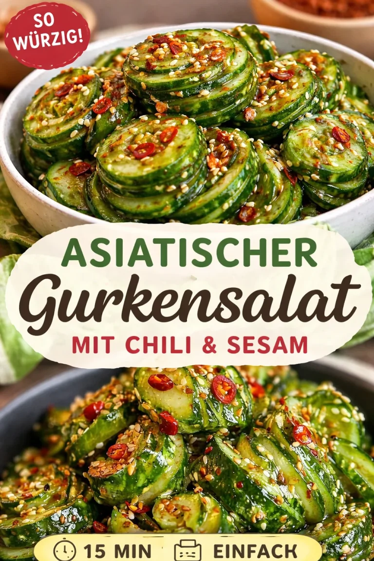 Asiatischer Gurkensalat mit Chili und Sesam auf einem weißen Teller