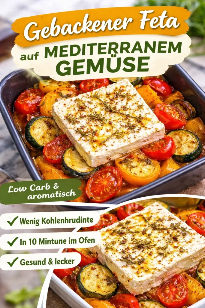 Bäckiger Feta mit buntem mediterranem Gemüse auf einem Teller serviert.