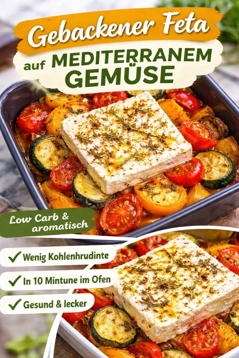 Bäckiger Feta mit buntem mediterranem Gemüse auf einem Teller serviert.