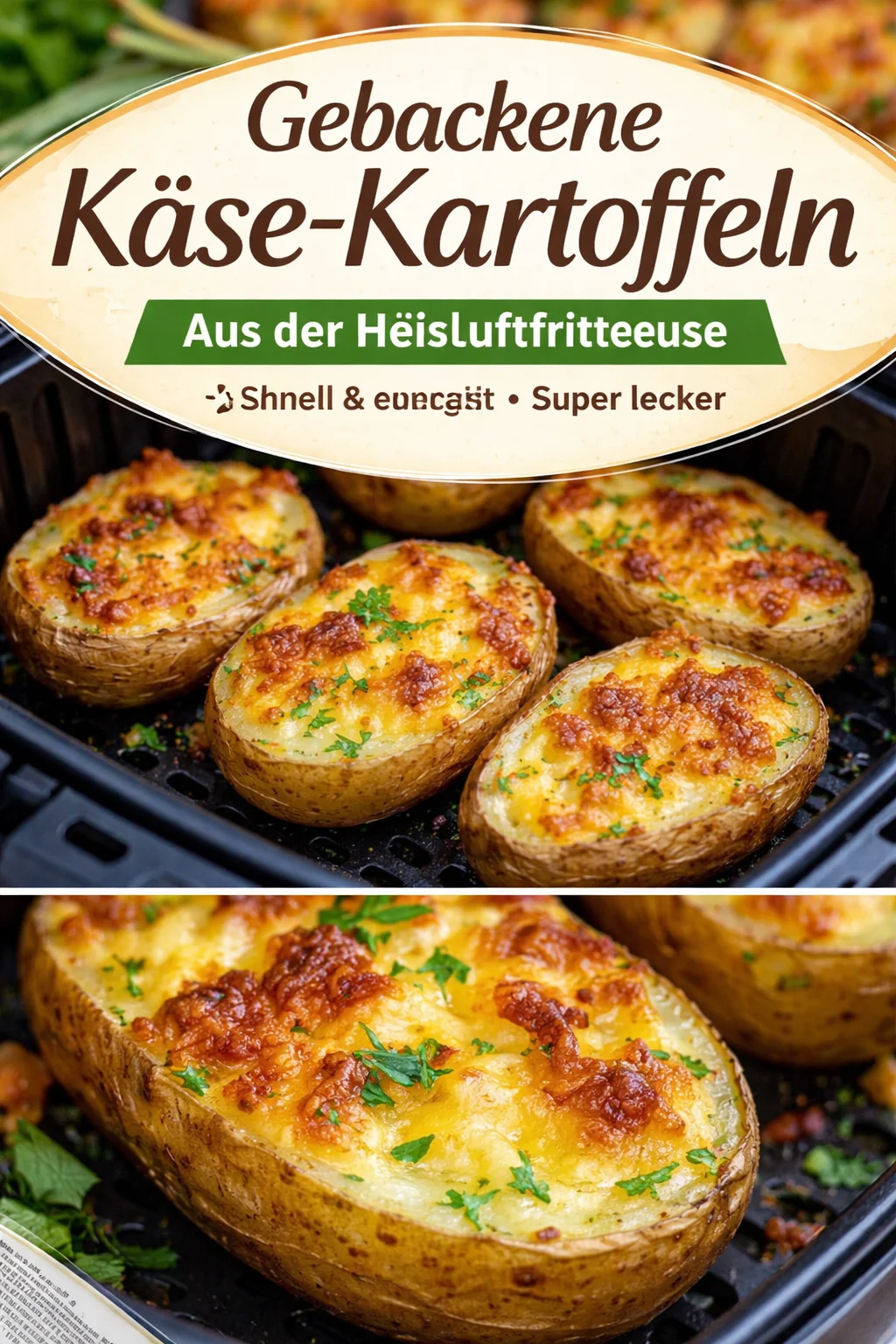 Gebackene Käsekartoffeln aus der Heißluftfritteuse auf einem Teller serviert