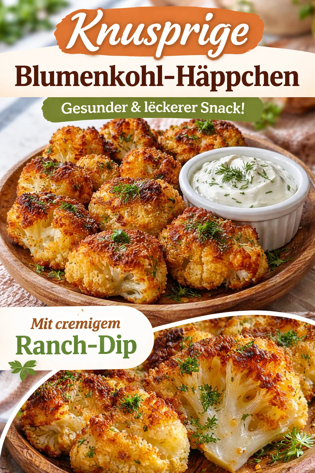 Blumenkohlhäppchen aus der Luftfritteuse mit Ranch-Dip auf einem Teller
