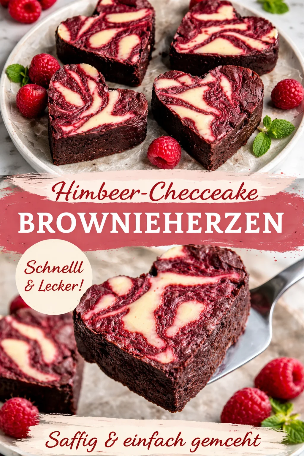 Brownieherzen mit Cheesecake und Himbeerswirl auf einem dekorativen Teller
