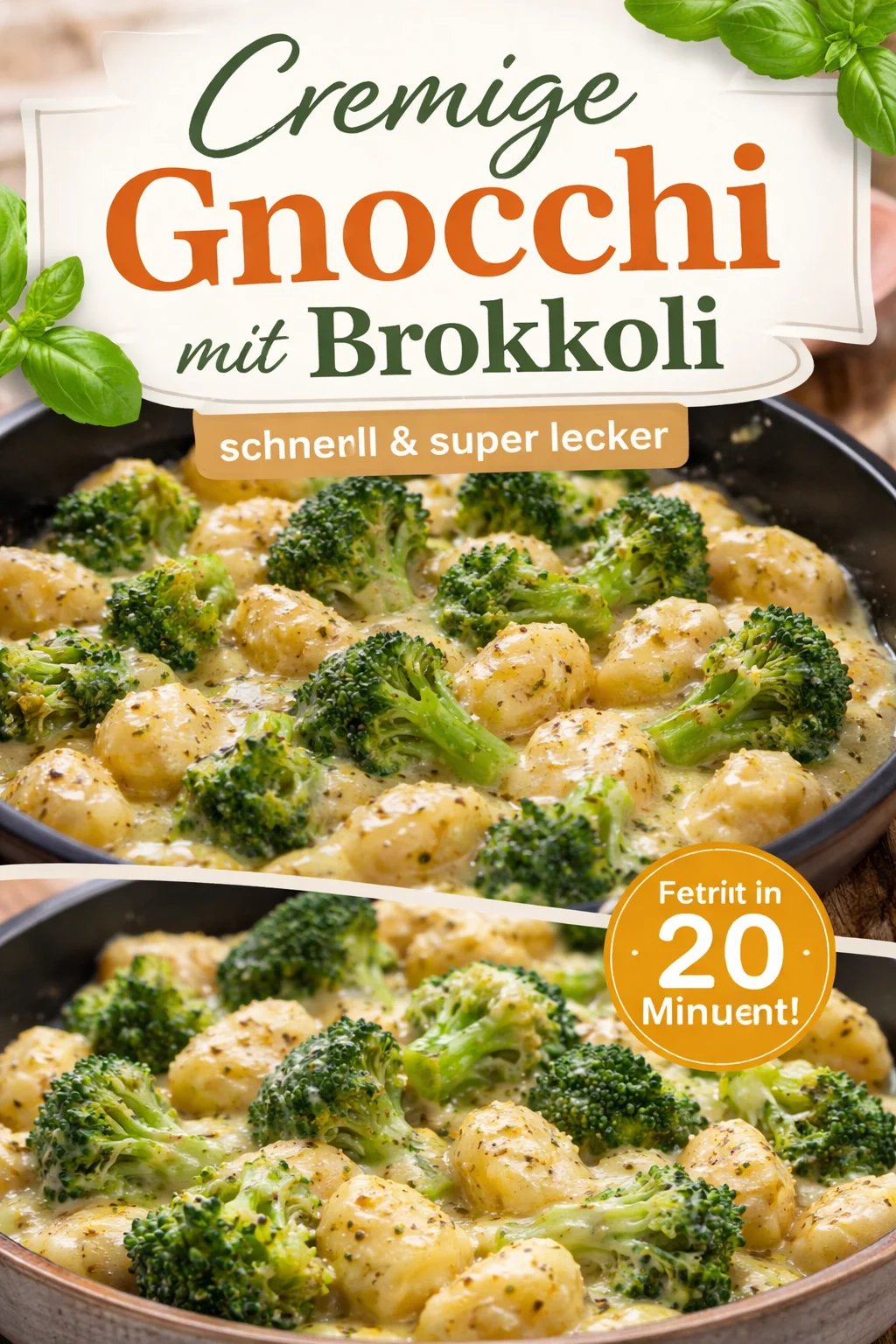 Cremige Gnocchi in Brokkoli-Sahnesoße auf einem Teller serviert