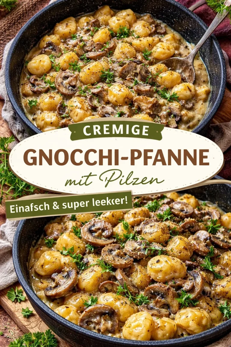 Cremige Gnocchi-Pilz-Pfanne auf einem Teller serviert