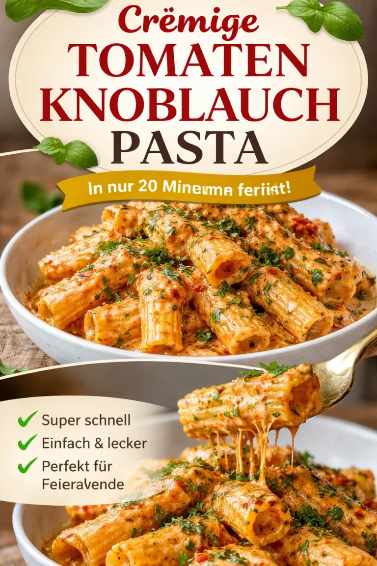 Cremige Tomaten-Knoblauch-Pasta in einer Schüssel mit frischen Zutaten