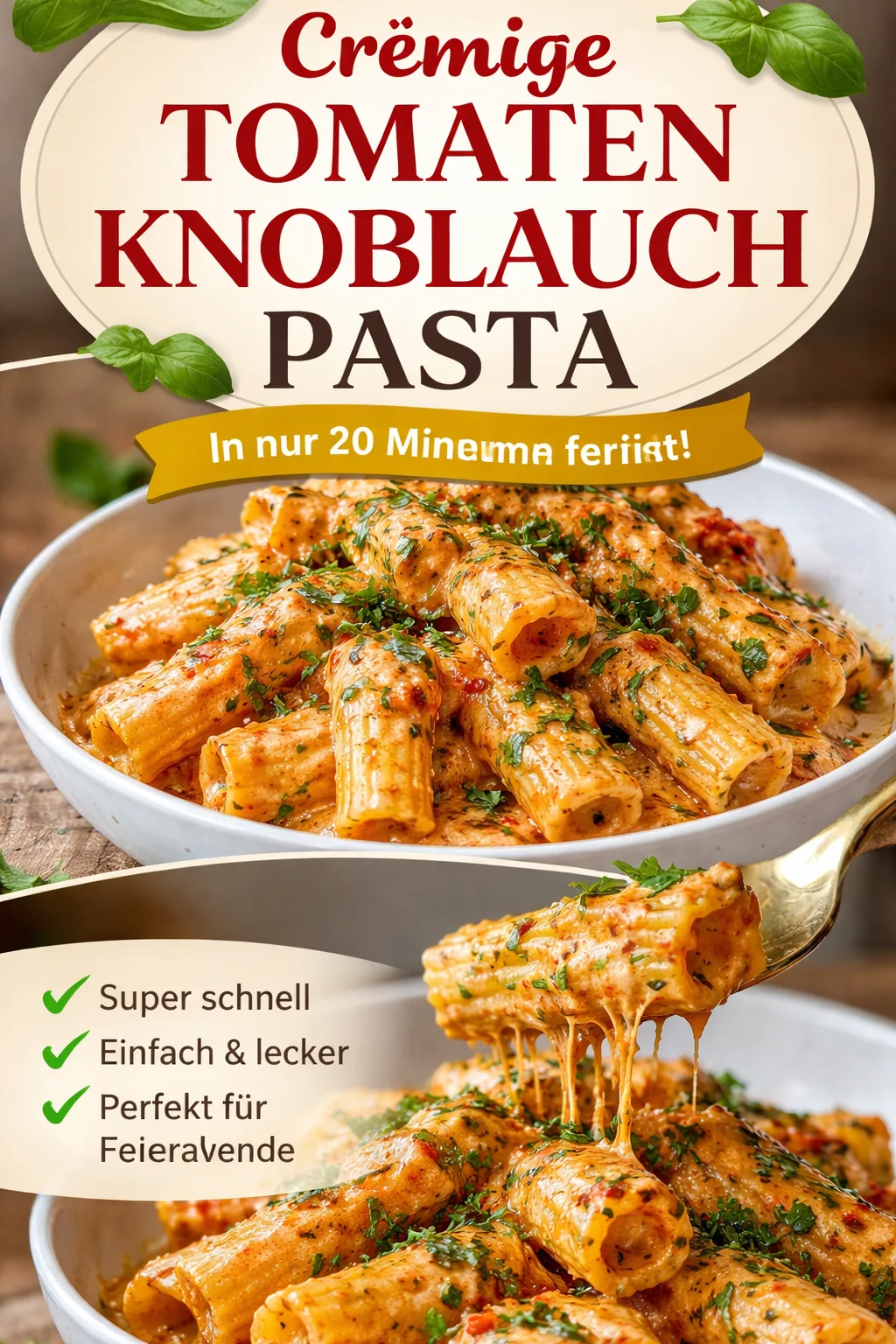 Cremige Tomaten-Knoblauch-Pasta in einer Schüssel mit frischen Zutaten