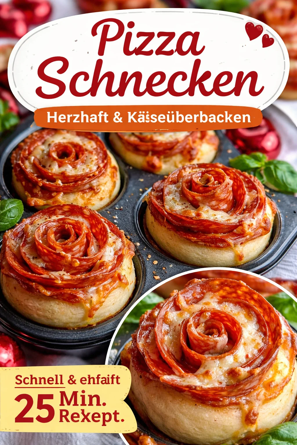 Einfache Pizza-Rosen für den Valentinstag auf einem Tisch dekoriert