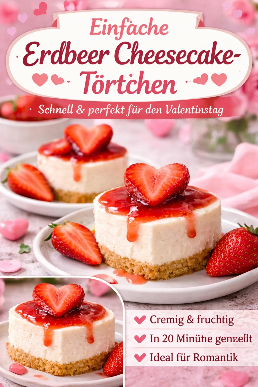 Erdbeer-Cheesecake-Herzen mit frischen Erdbeeren und cremigem Käse