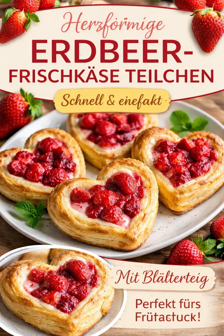 Erdbeer-Cream Cheese Herz-Danishes auf einem Teller mit frischen Erdbeeren