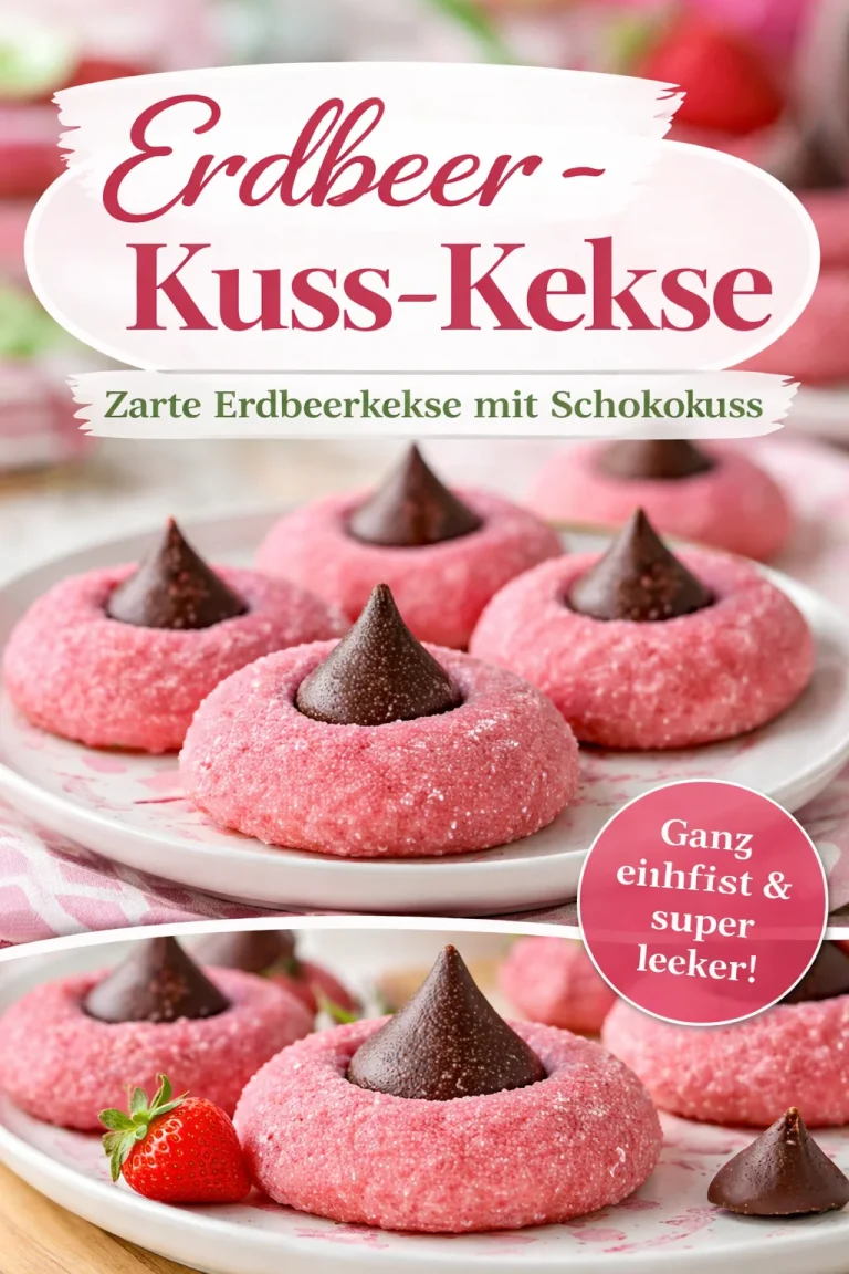 Erdbeer-Kuss-Kekse auf einem Teller, dekoriert mit frischen Erdbeeren.