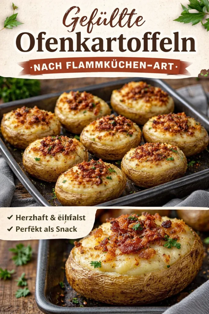 Gefüllte Kartoffeln nach Flammkuchen-Art auf einem Teller serviert
