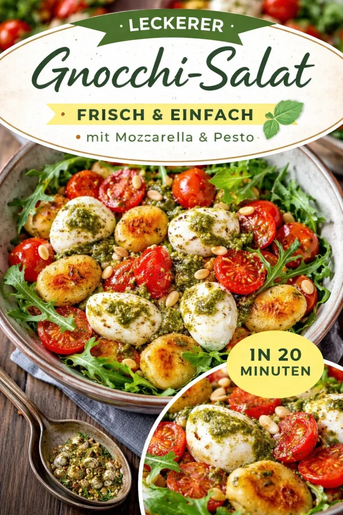Gerösteter Gnocchi-Salat mit frischem Basilikumpesto auf einem Teller.