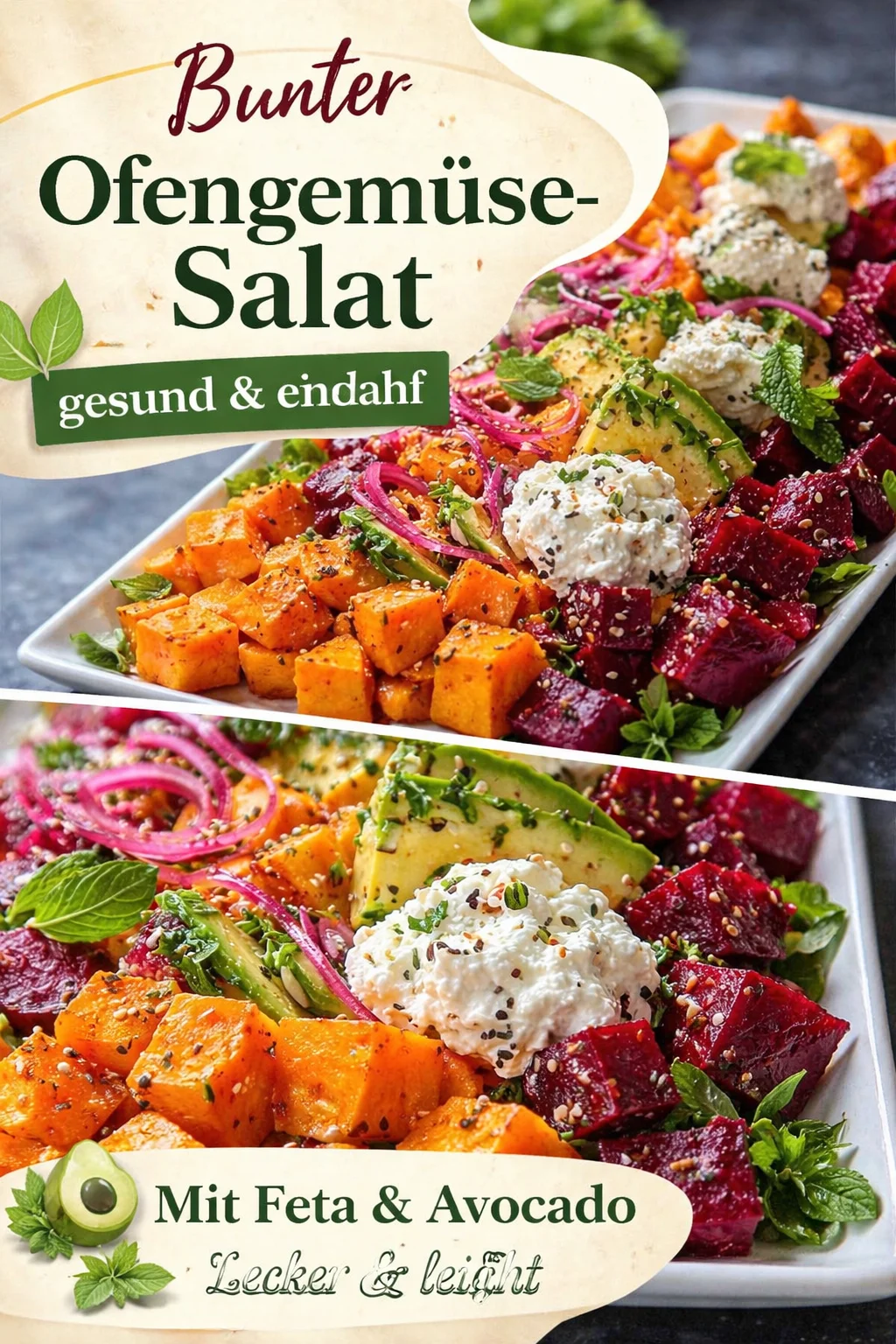 Gerösteter Rote-Bete-, Süßkartoffel- und Avocado-Salat mit geschlagenem Ricotta und Zitronen-Tahini-Soße