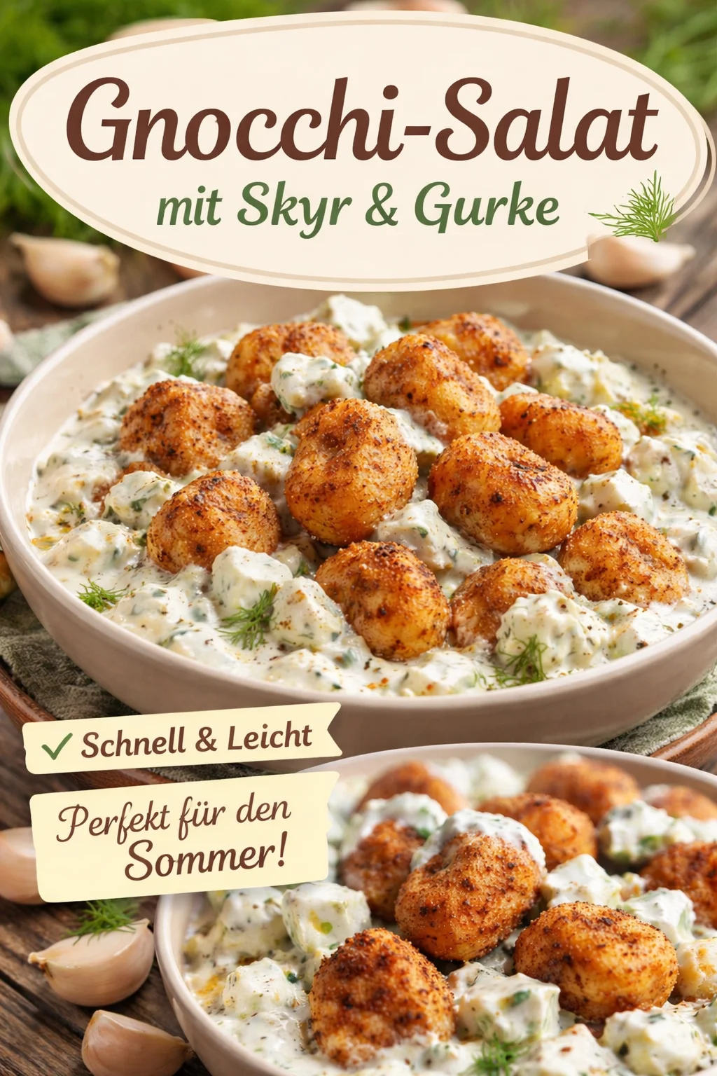 Leckerer Gnocchi-Salat mit frischem Gemüse und Dressing.