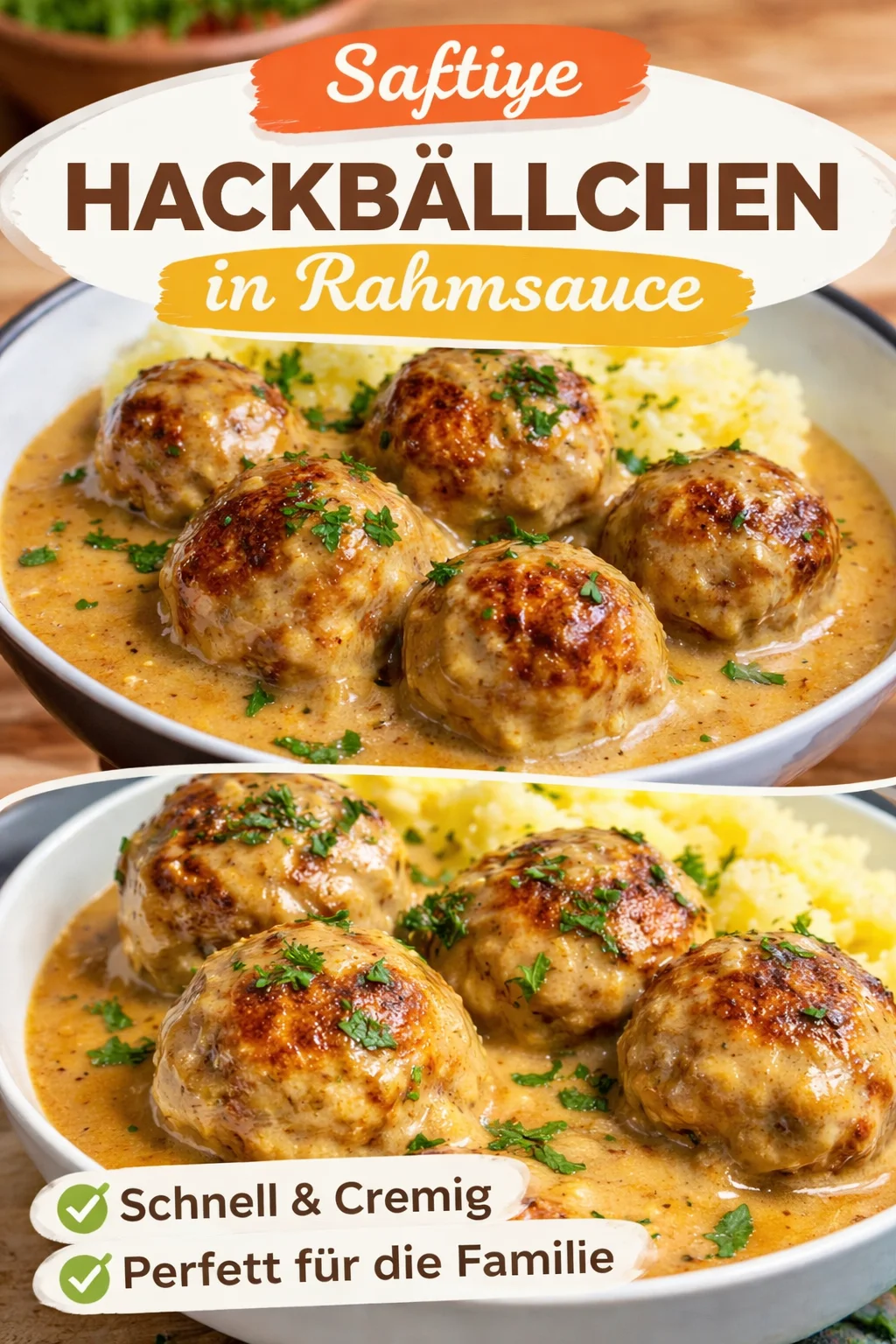 Hackbällchen in cremiger Sauce mit Kartoffelpüree auf einer Servierplatte