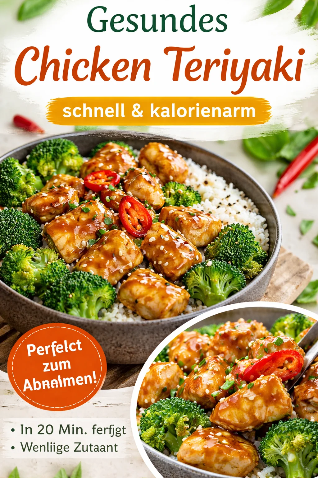 Hähnchen-Teriyaki mit Brokkoli und Reis auf einem Teller