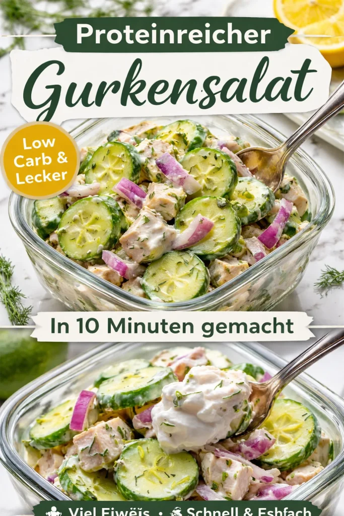Hoher Protein-Gurkensalat mit frischen Zutaten und hohen Proteingehalt.
