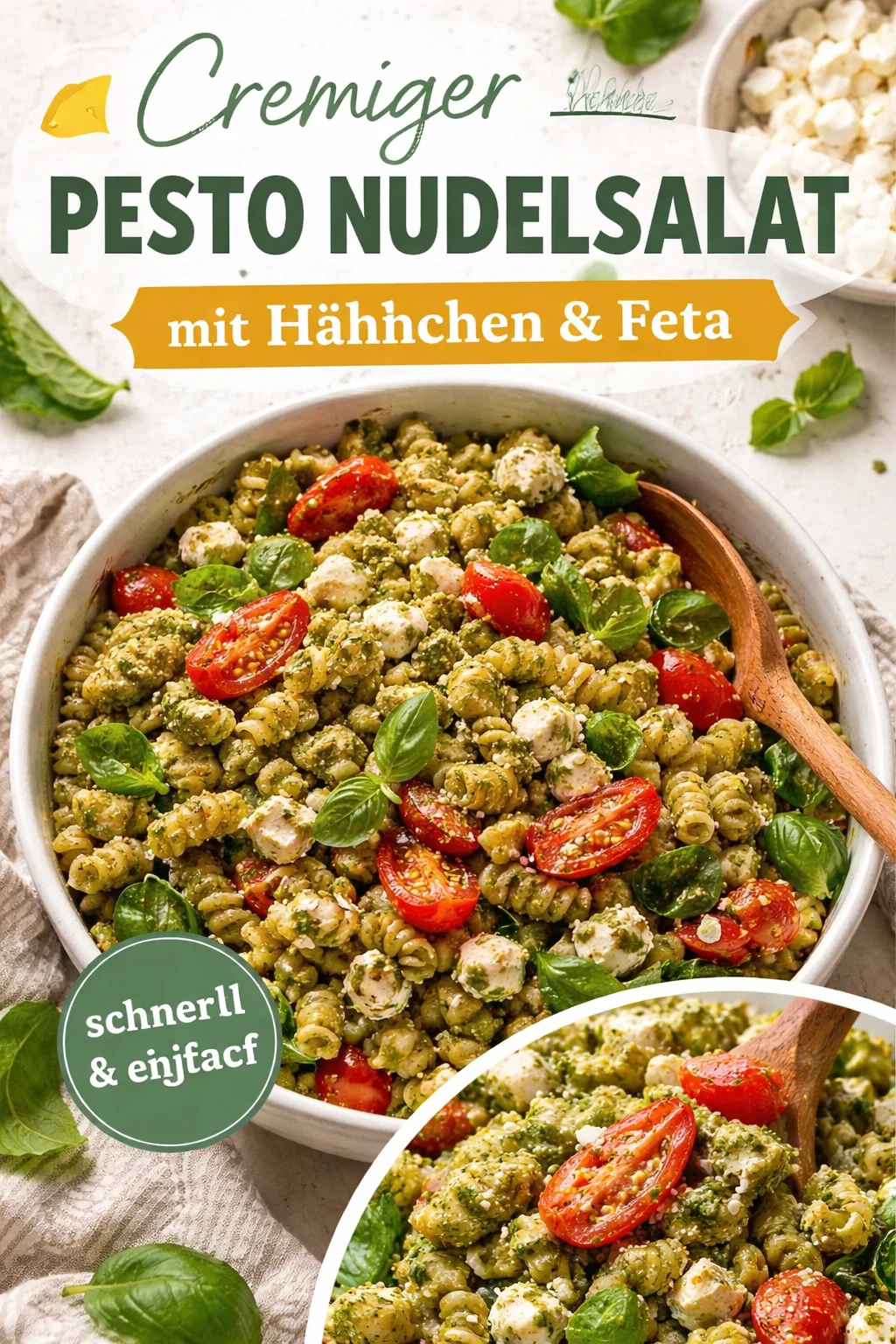 Schüssel mit Hühnchen-Pesto-Pasta-Salat, verziert mit frischem Basilikum.