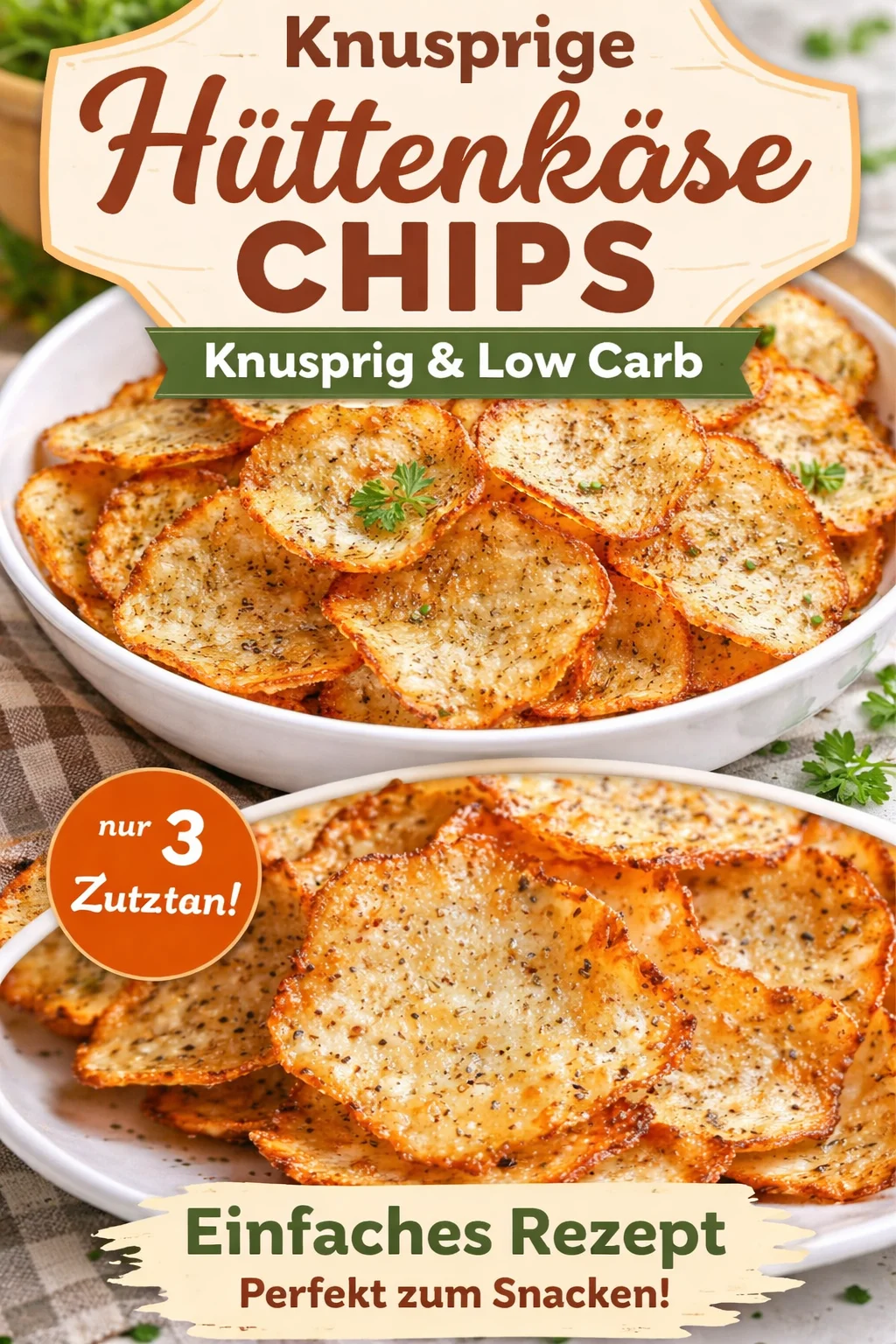 Köstliche Hüttenkäse-Chips in einer Schale, perfekt für gesunde Snacks.