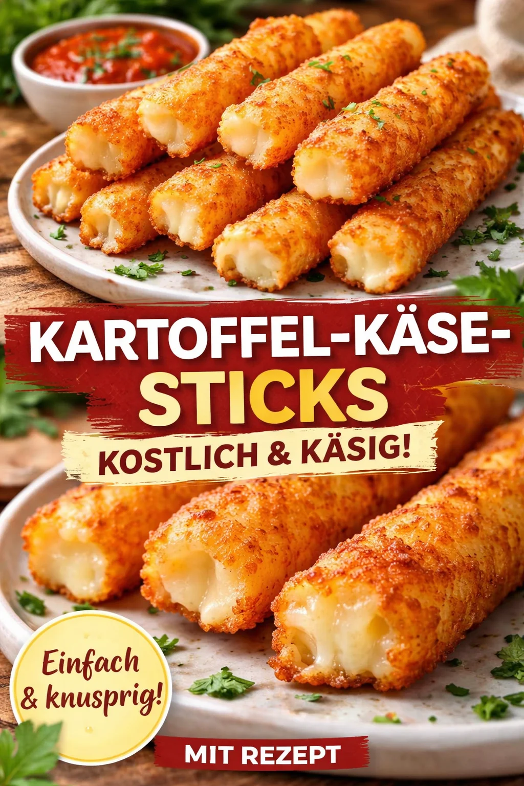 Köstliche Kartoffel-Käse-Sticks auf einem Teller serviert