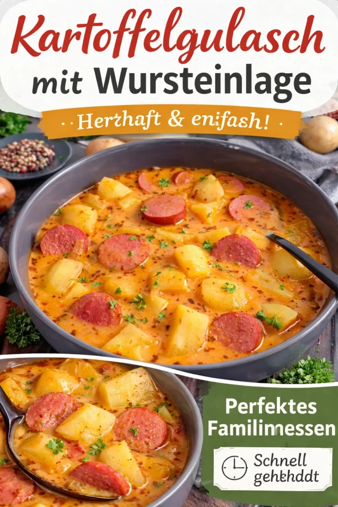 Leckeres Kartoffelgulasch mit Rindswurst in einem weißen Teller