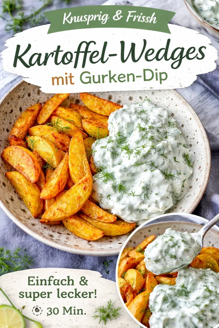 Köstliche Kartoffelspalten serviert mit Gurkendip
