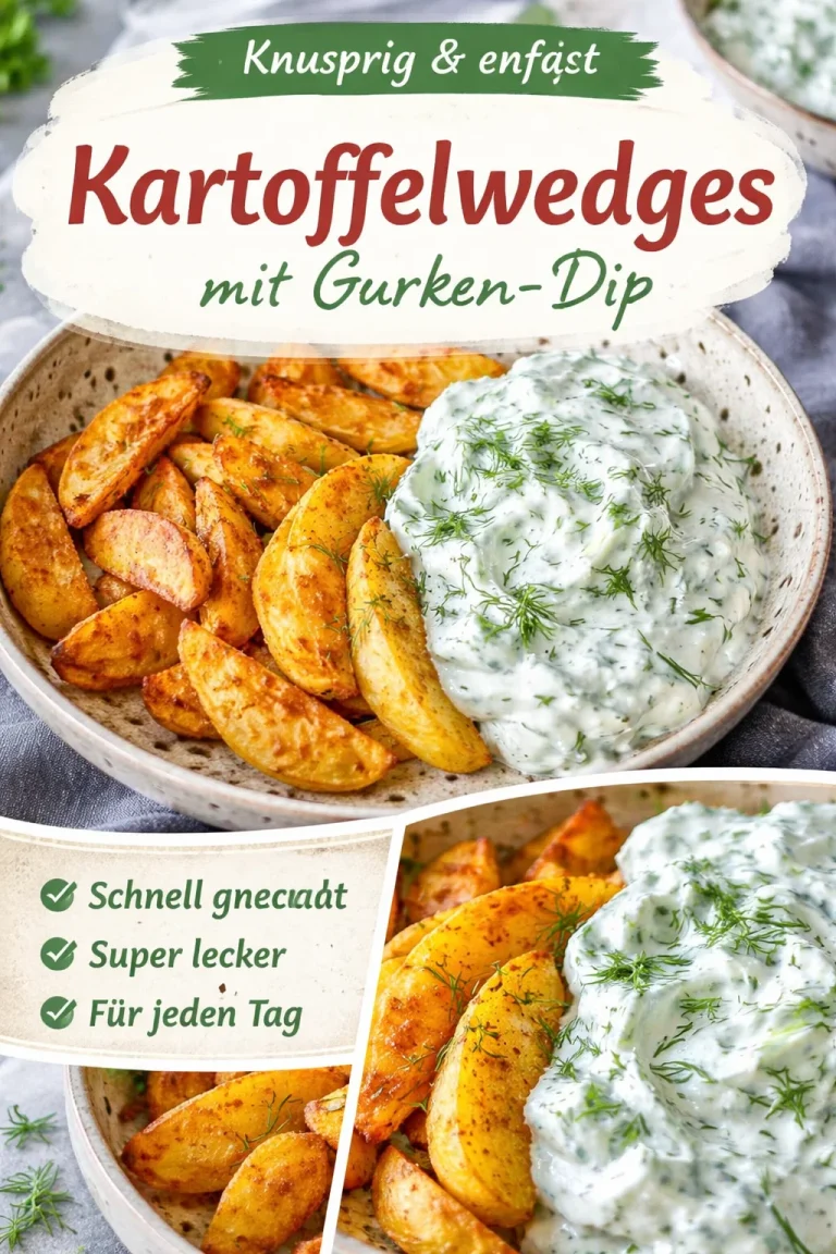 Kartoffelspalten serviert mit erfrischendem Gurkendip auf einem Teller