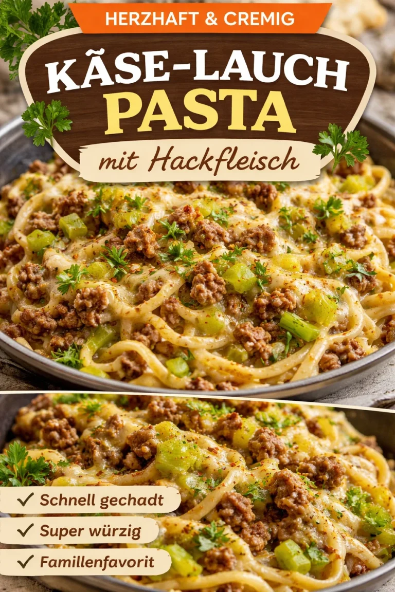 Leckere Käse-Lauch Pasta mit Hackfleisch auf einem Teller serviert