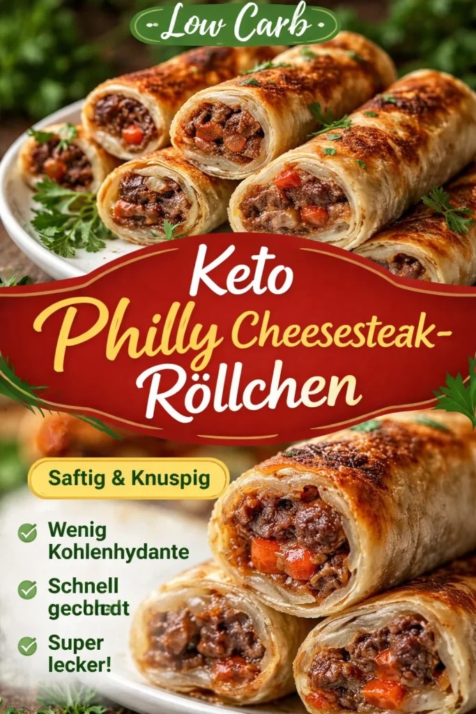 Keto Philly Cheesesteak Roll-Ups auf einem Teller serviert