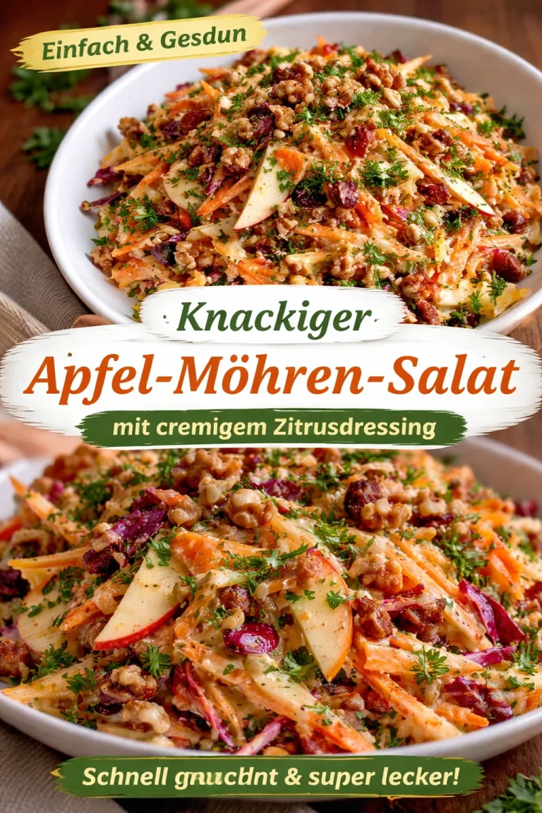 Knackiger Apfel-Möhren-Salat mit Zitrusdressing auf einem Teller serviert.