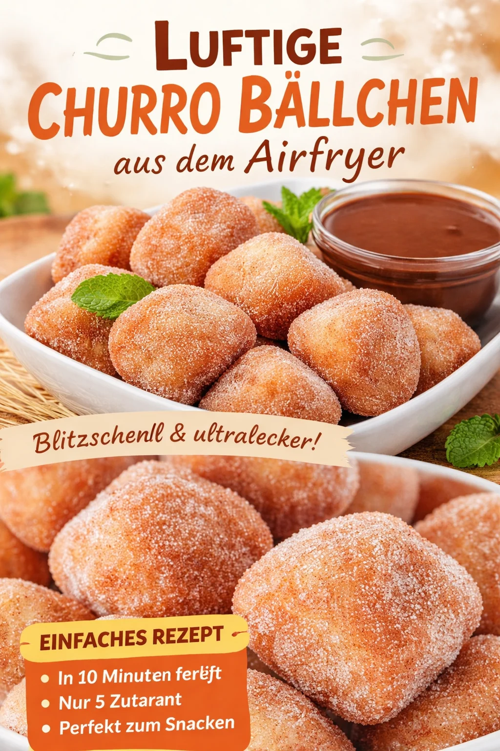 Knusprige Churro-Happen aus der Heißluftfritteuse, goldbraun und köstlich