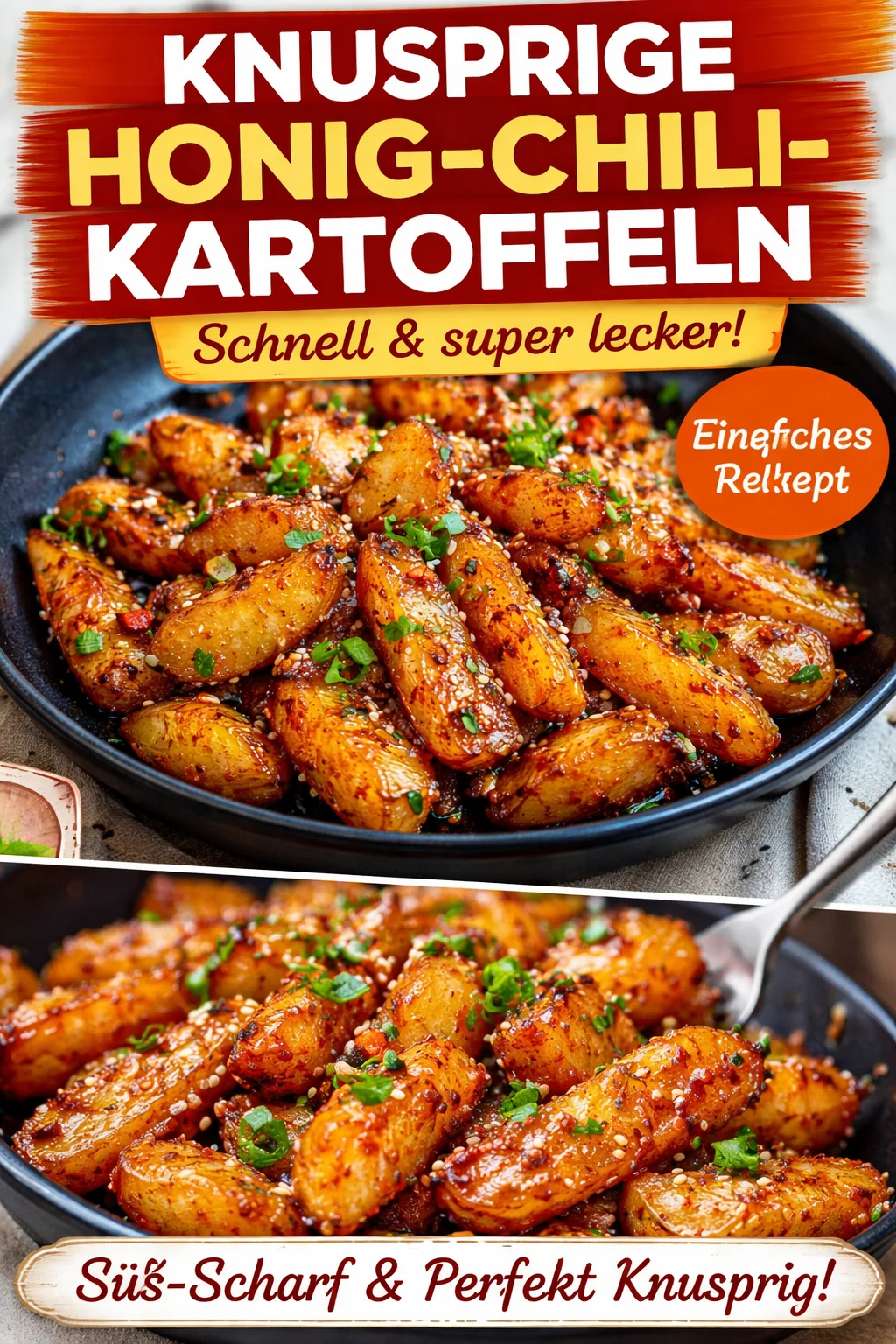 Knusprige Honig-Chili-Kartoffeln auf einem Teller, verführerische Mischung aus Süße und Schärfe.