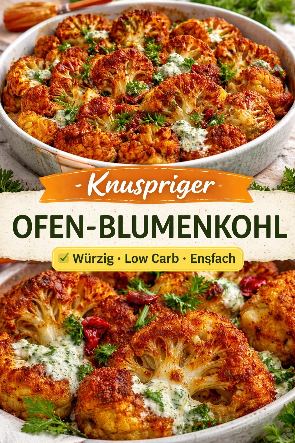 Knuspriger Blumenkohl aus dem Ofen auf einem Teller serviert