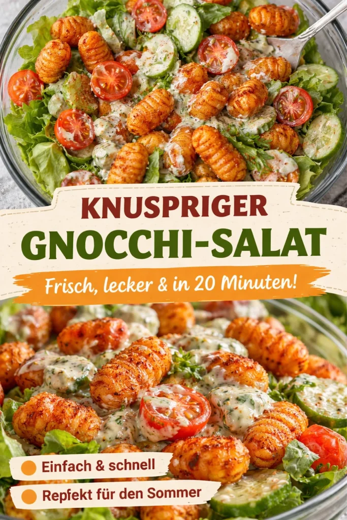 Knuspriger Gnocchi-Salat mit Joghurt-Dressing auf einem bunten Teller serviert.