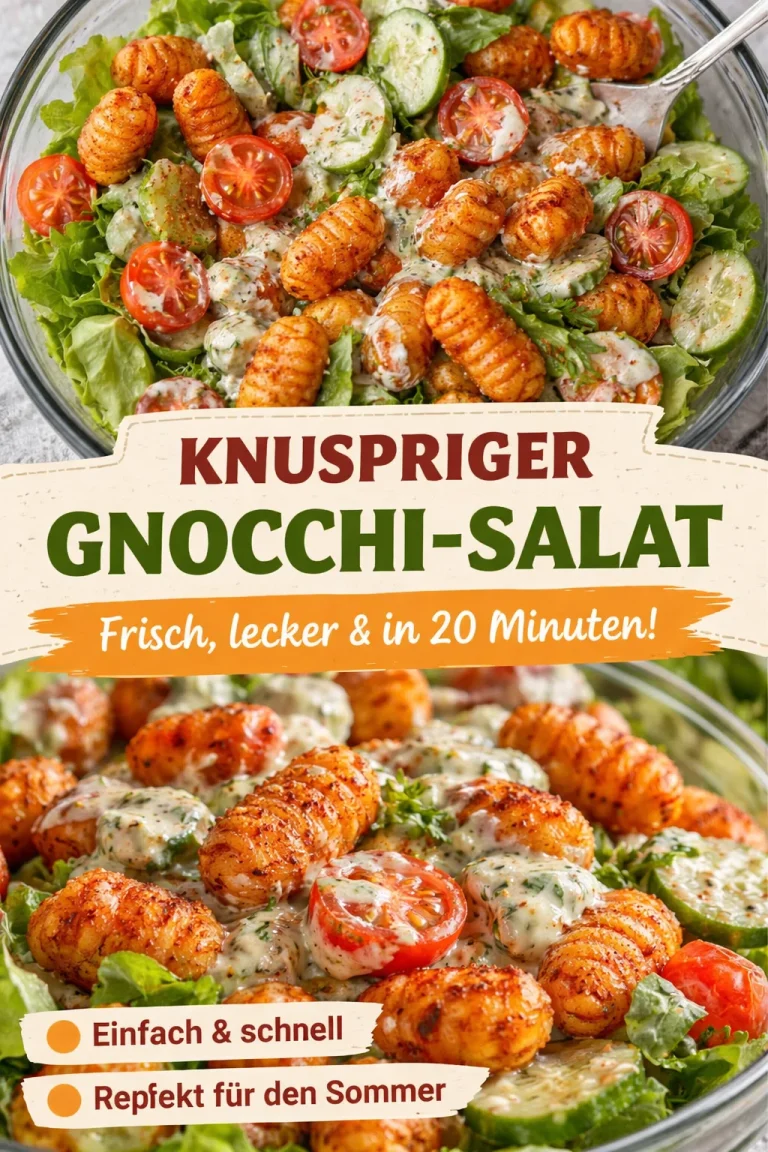 Knuspriger Gnocchi-Salat mit Joghurt-Dressing auf einem bunten Teller serviert.