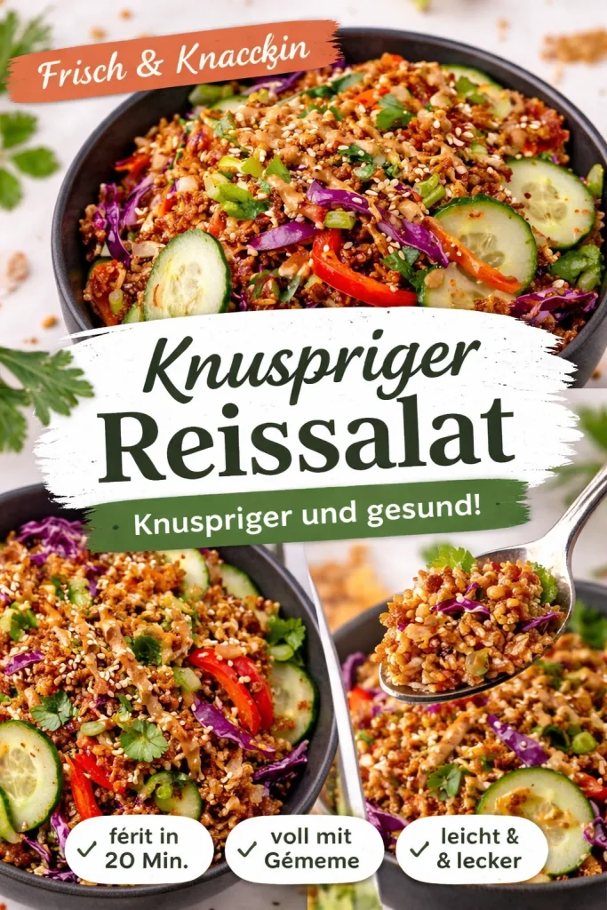 Knuspriger Reissalat mit Erdnuss-Sesamdressing auf einem Teller