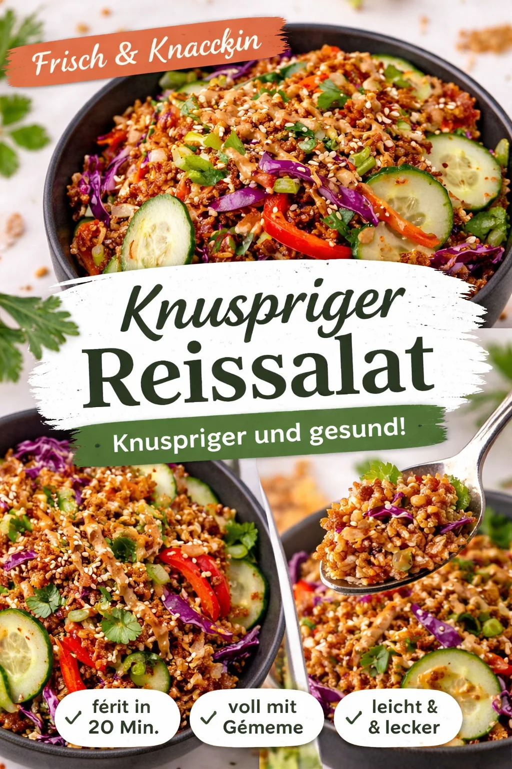 Knuspriger Reissalat mit Erdnuss-Sesamdressing auf einem Teller
