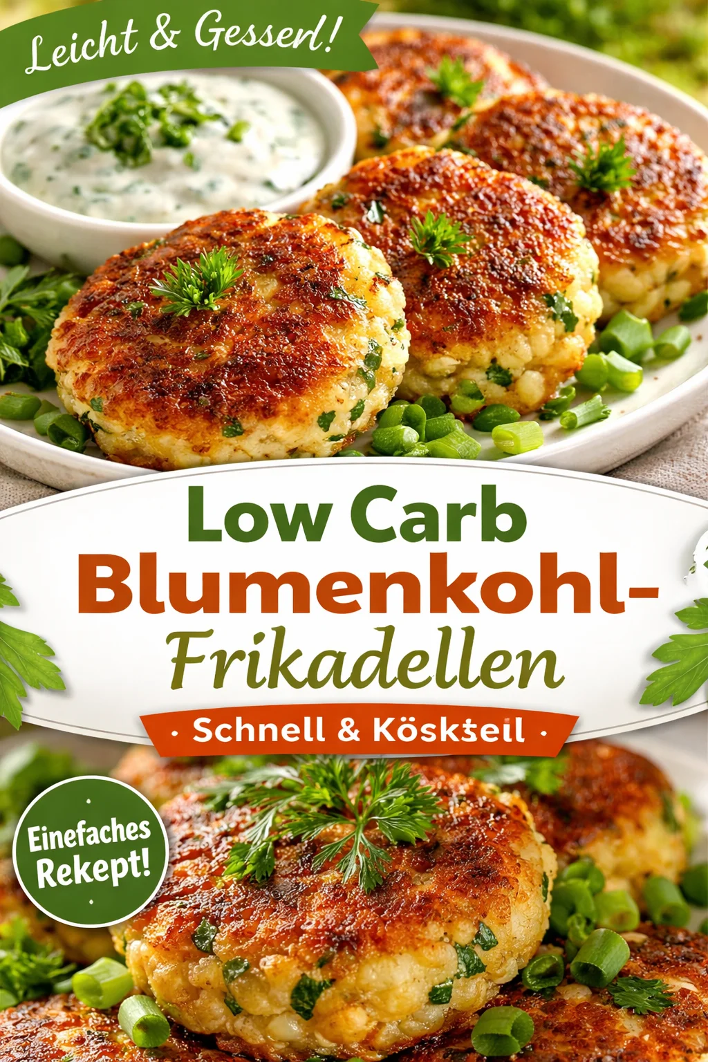 Low Carb Blumenkohl Frikadellen auf einem Teller, gesund und schmackhaft