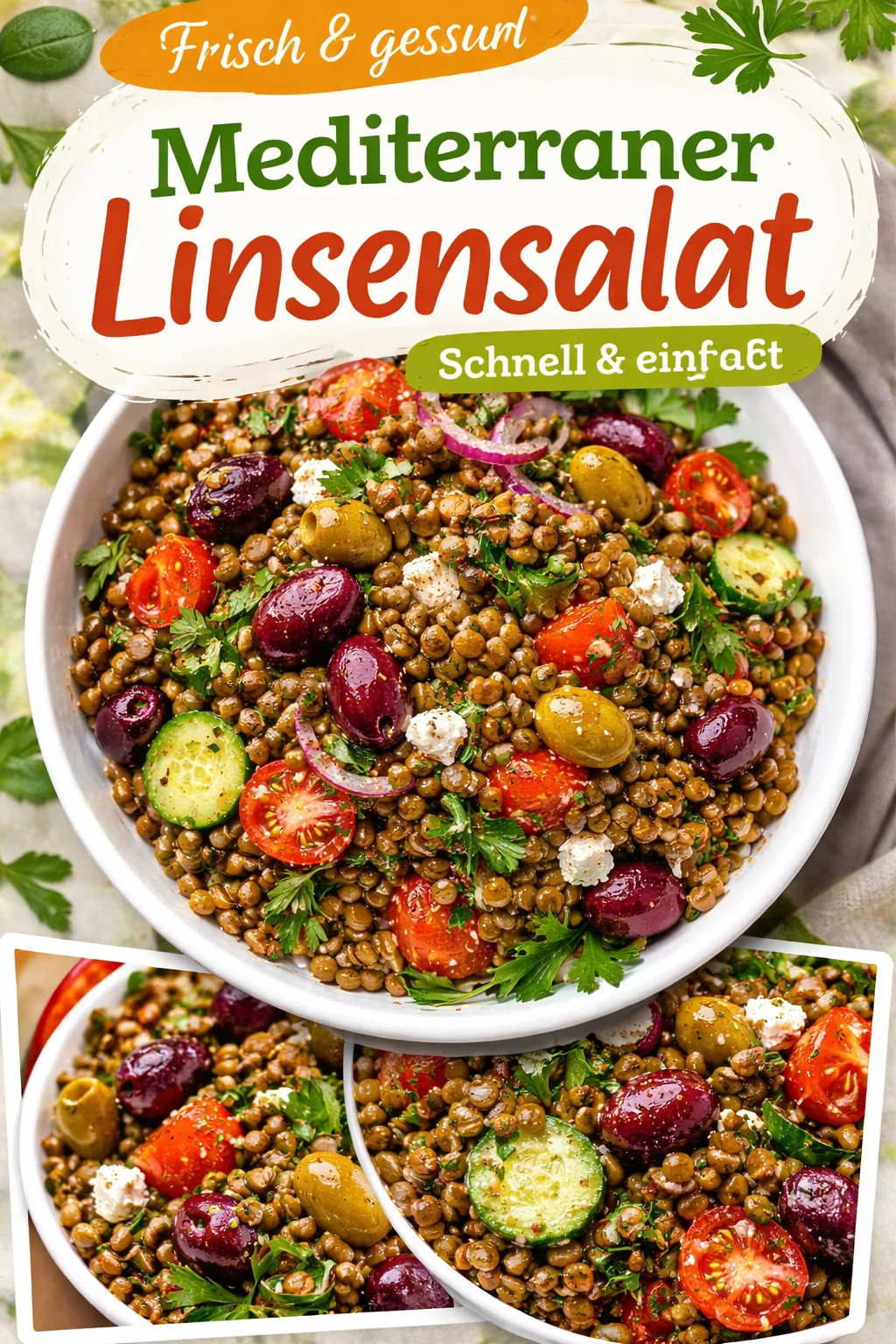 Mediterraner Linsensalat mit frischem Gemüse und Kräutern