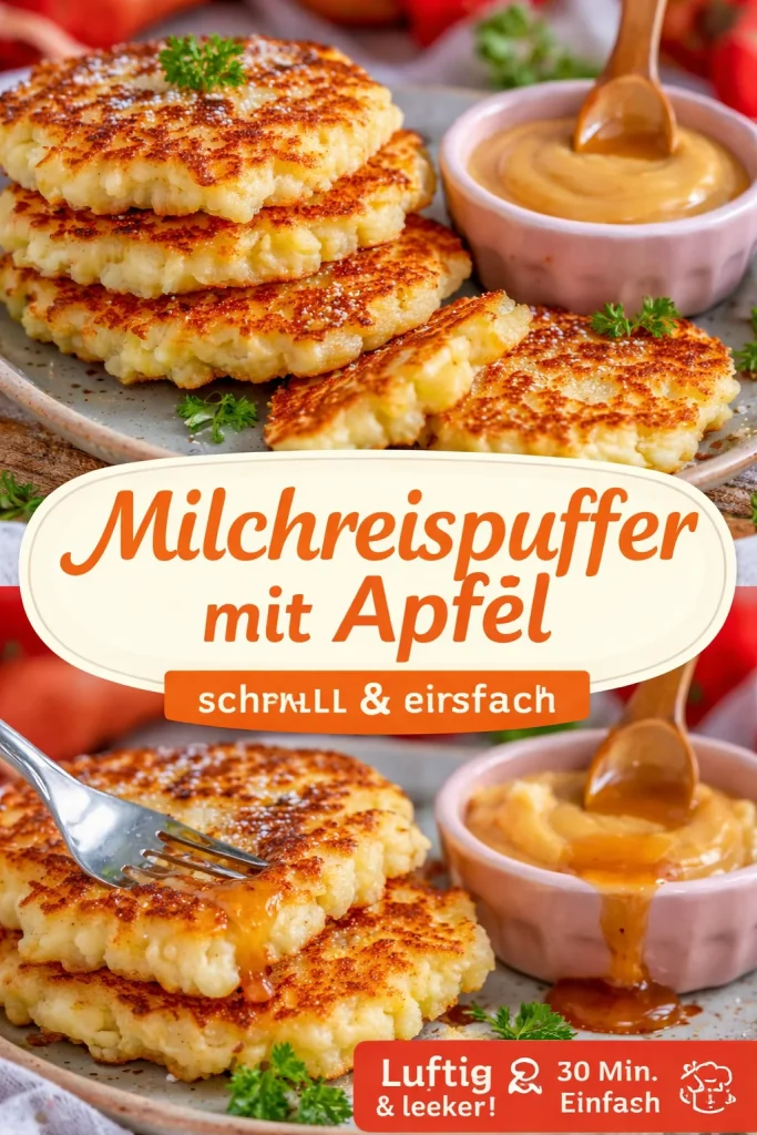 Leckere Milchreispuffer mit Apfel auf einem Teller serviert