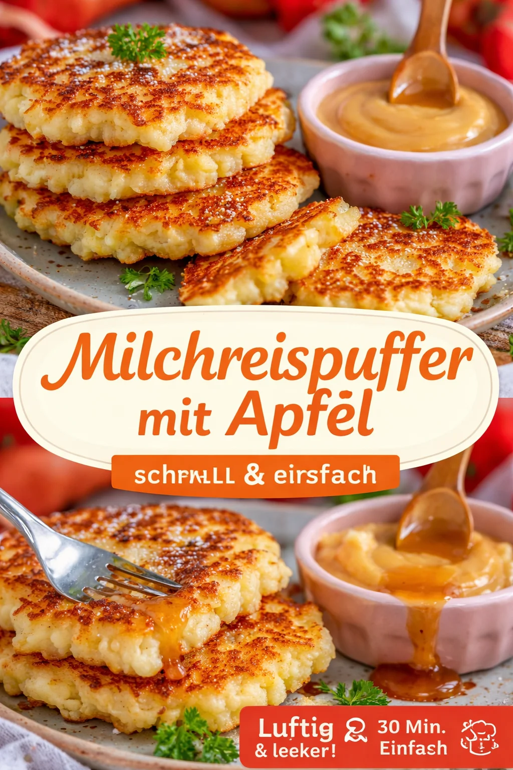 Leckere Milchreispuffer mit Apfel auf einem Teller serviert