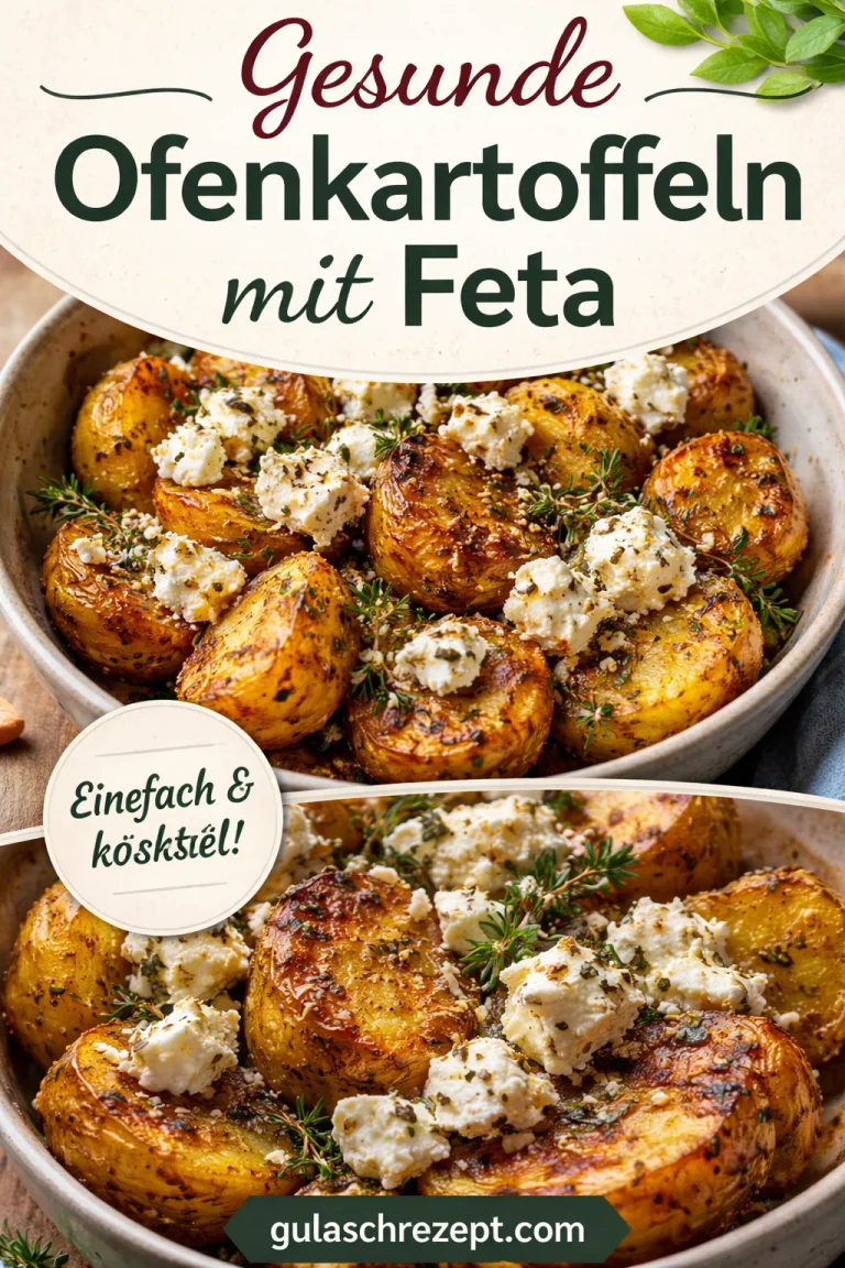 Ofenkartoffeln mit Feta, frisch aus dem Ofen, serviert auf einem Teller.