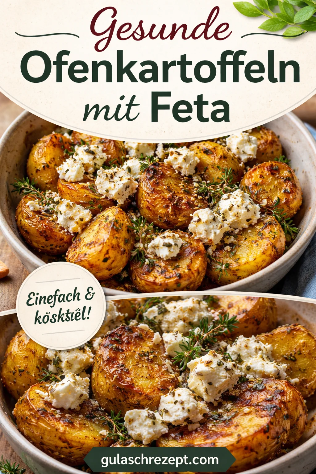 Ofenkartoffeln mit Feta, frisch aus dem Ofen, serviert auf einem Teller.