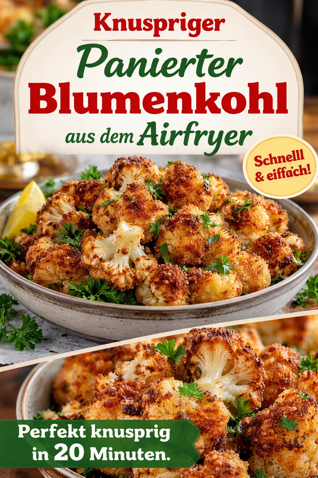 Panierter Blumenkohl aus dem Airfryer, goldbraun und knusprig zubereitet.