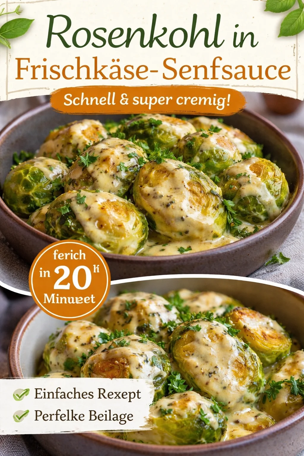 Rosenkohl in Frischkäse-Senfsauce auf einem Teller serviert